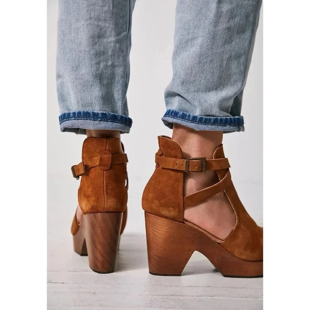 New Free People Cedar Heeled Clogs Suede Brown 8.5 - Picture 3 of 13